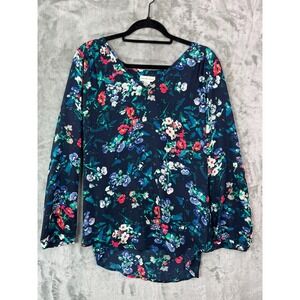 Adrienne Vittadini Blouse Womens XL Navy Floral V Neck Long Sleeve Hi Lo Top